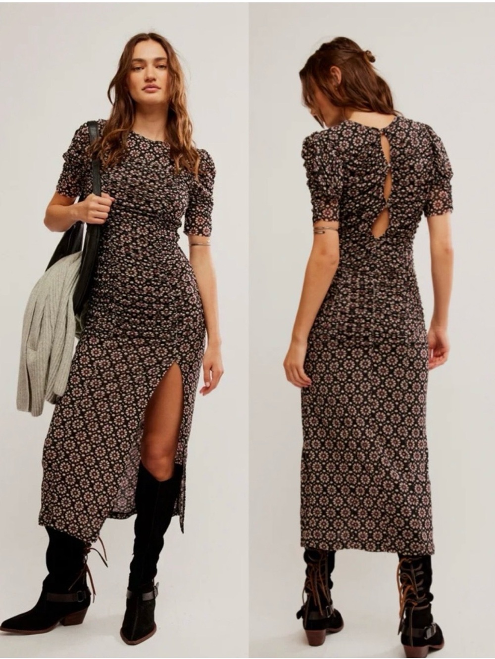 Free People Brielle Midi Dress Mesh Ruched Floral Side Slit Black Combo Size S
